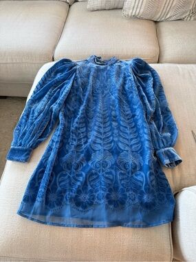 Anthropologie Blue Velvet Embroidered Long-Sleeve Dress